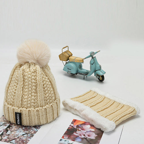 Women Winter Knitted Hat and Circle Scarf Set Fleece Lined Warm Pom-