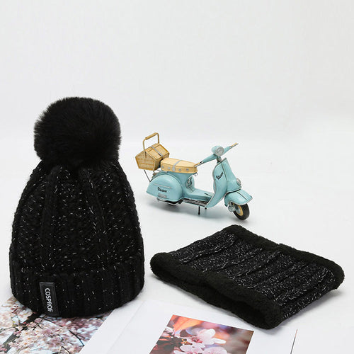 Women Winter Knitted Hat and Circle Scarf Set Fleece Lined Warm Pom-